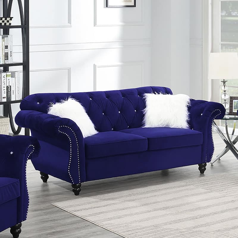 Chenille Love Seat with Nailhead Trim in Light Brown
