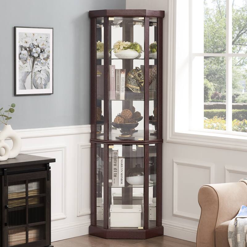 Lighted Corner Curio Cabinet - Elegant Glass Display Case for Display Storage - Perfect for Antique Collections & Wine
