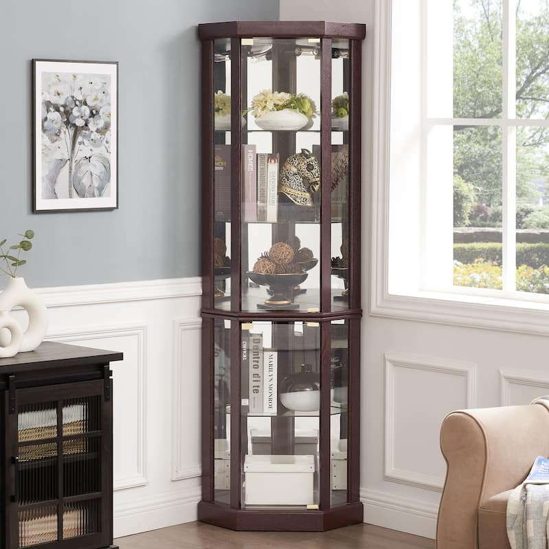 Lighted Curio Cabinet with Mirrored Back Pane, Wooden Corner Glass Cabinet, China Cabinet with Glass Door & Adjustable Shelves