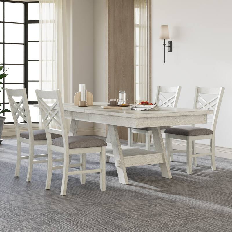 VECELO 5/7-Piece Dining Table Set, Solid Wood Rectangular Extendable Dining Table & 4 Solid Wood Dining Chairs