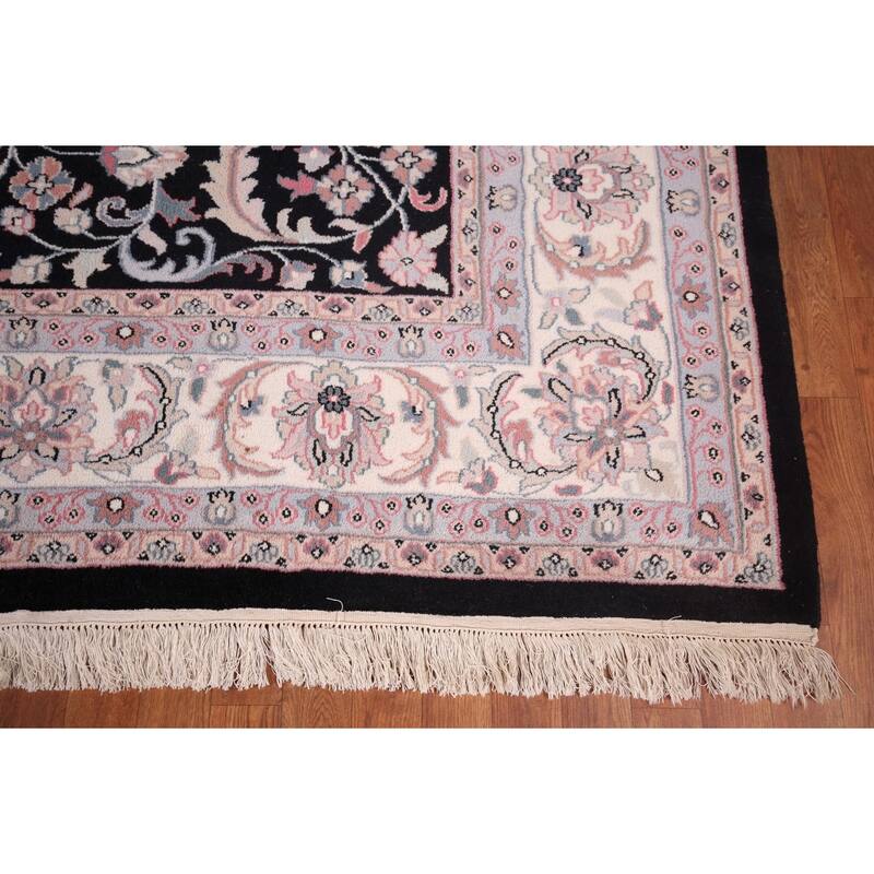 Black Floral Kashan Indian Area Rug Handmade Wool Carpet - 9'2"x 11'10"