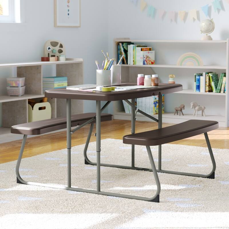 Indoor/Outdoor Commercial Grade Kids Folding Picnic Table with Benches - 37.5"D x 32.625"W x 21.5"H - Brown