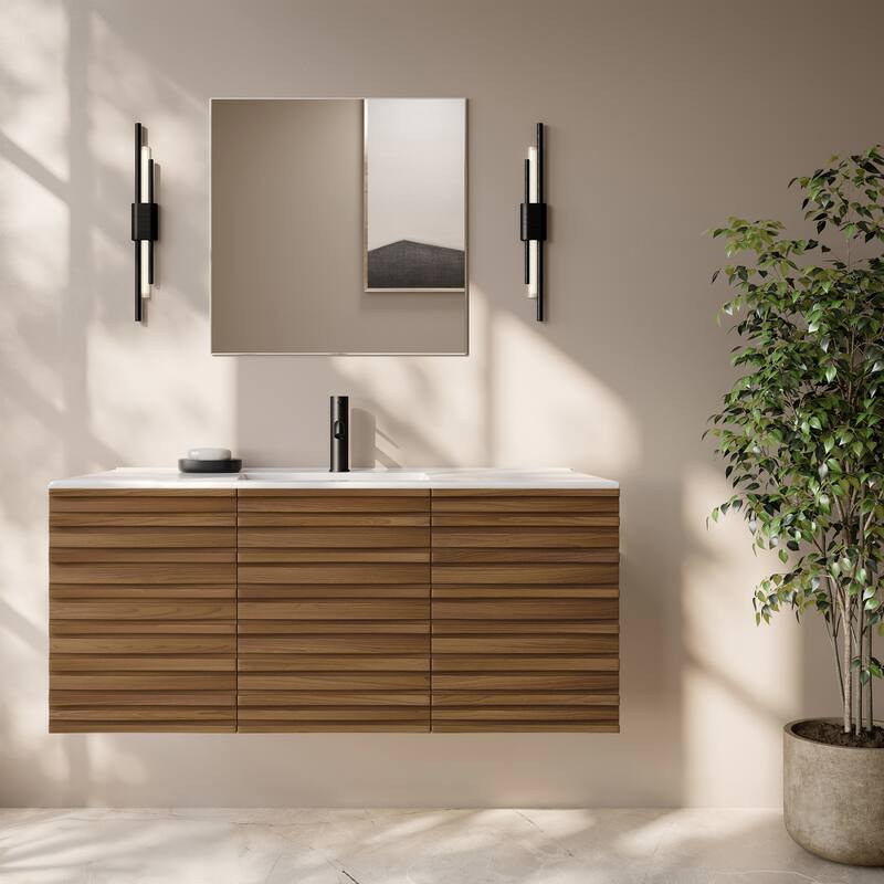 Cascade 48" Wall-Mounted Bathroom Vanity In Brown Oak With Sink Top - 48