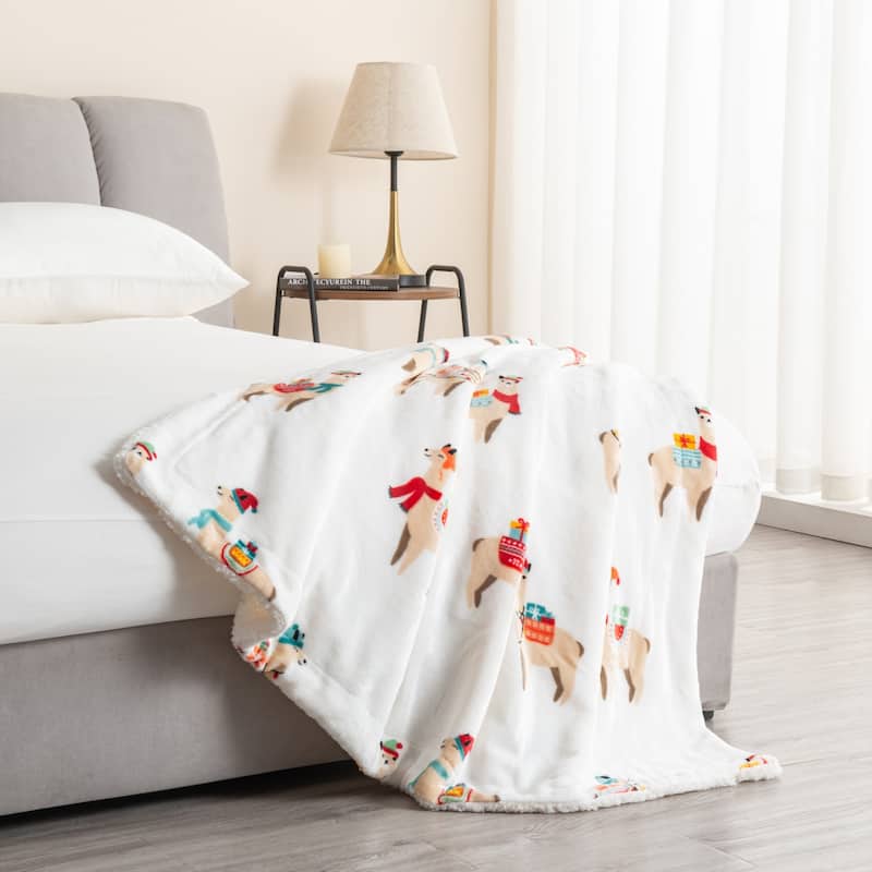 Linery & Co. Velvet Plush Fleece Reversible Sherpa Holiday Printed Throw.