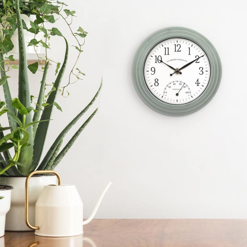 La Crosse Clock 8 In. Outdoor Sage Green Quartz Clock w/ Temp