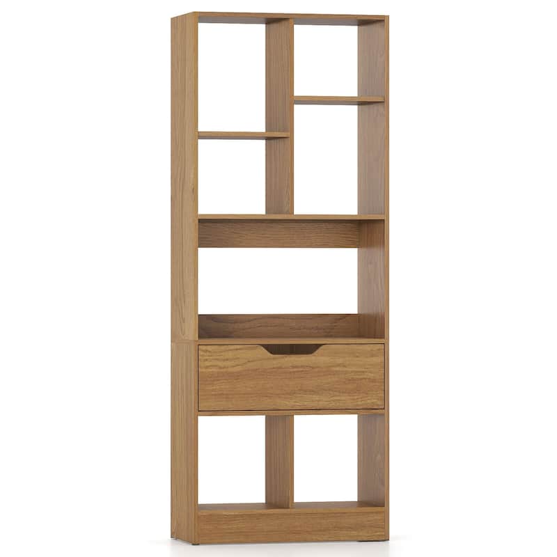 Costway 1 PCS 51” Tall Bookcase with Drawer 7 Open Cubes Anti-toppling - See Details - Natural-1 PCS