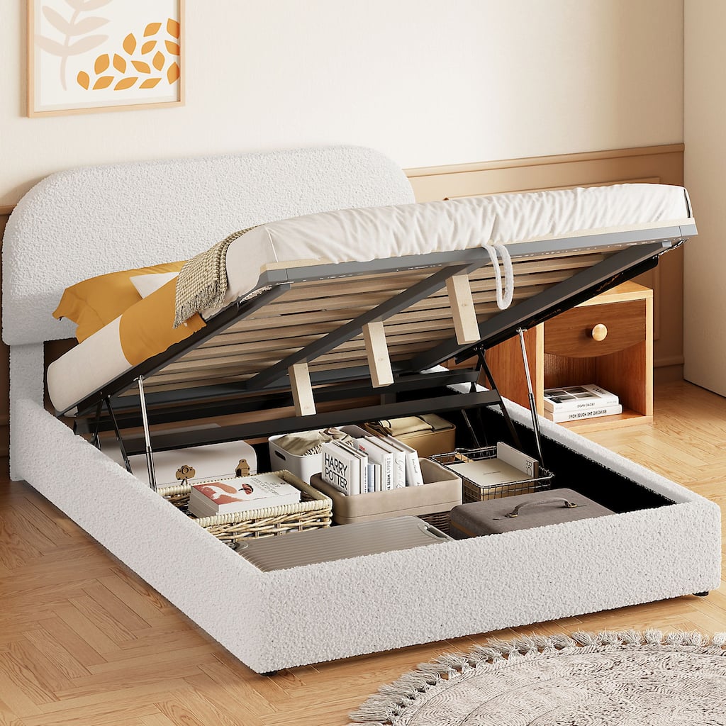 Full Size Platform Bed with Hydraulic Storage, Upholstered in Teddy Fleece, White