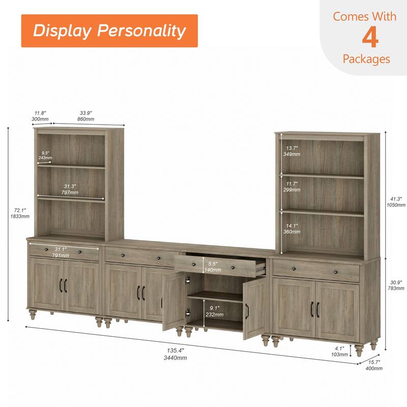 Wash Grey Farmhouse TV Stand with Wooden Doors & Drawers