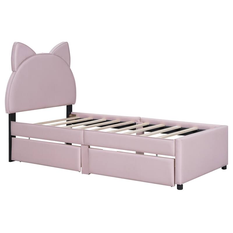 Upholstered Platform Bed with Cute Headboard and 2 Drawers