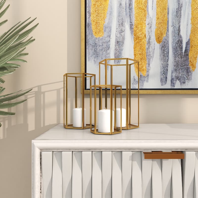 Glass Decorative Indoor Outdoor Candle Lantern with Metal Plate - Set of 3 Gold - CosmoLiving by Cosmopolitan