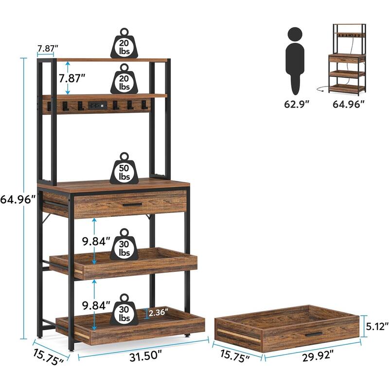 5-Tier Kitchen Bakers Rack with Power Outlets USB Ports, Metal Frame & Particleboard Shelves, Pull-Out Drawer