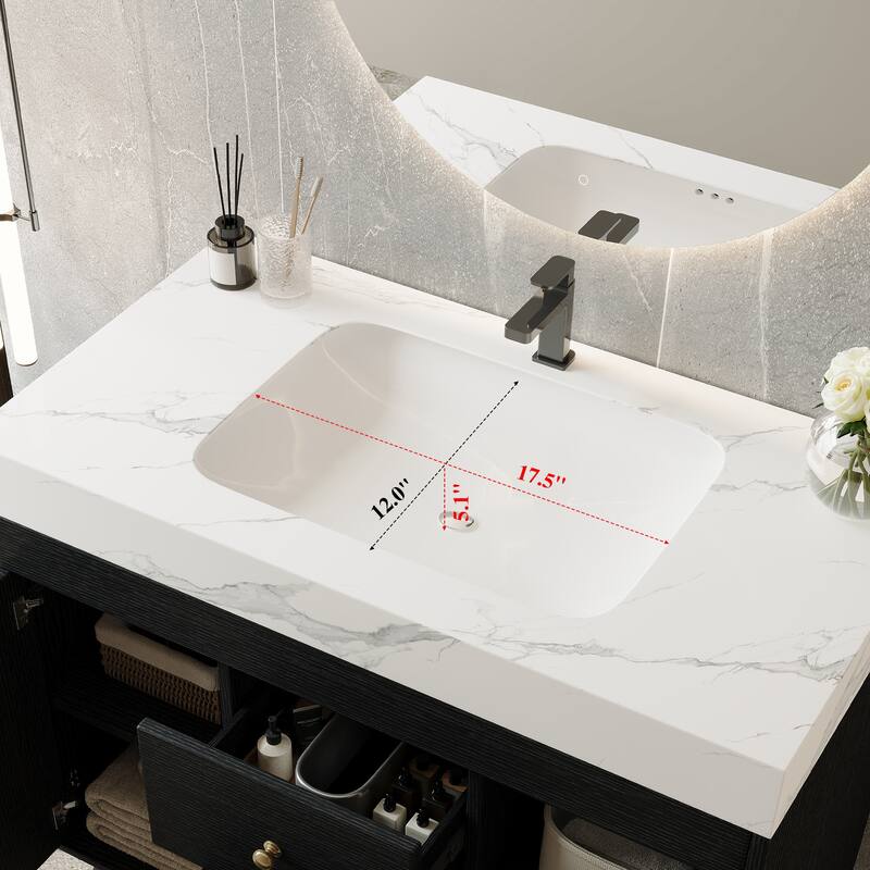 36" Modern Freestanding Bathroom Vanity with Sintered Stone Top, Ceramic Sink & Smart Storage