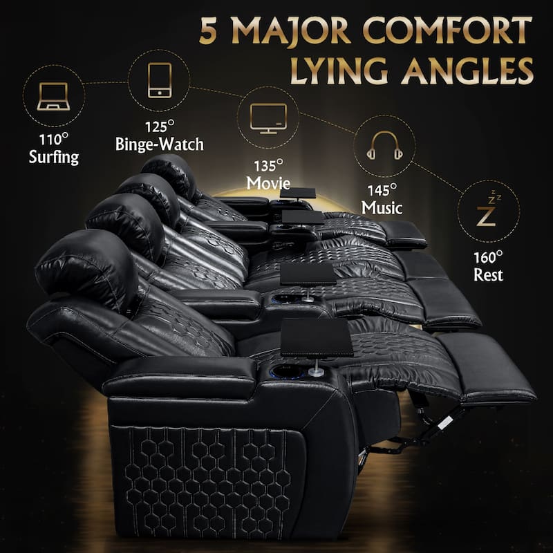 Roomfitters 124.4" Power Recliner 4-Piece Set, Top-Grain Nappa Leather, 19-Color RGB LED & USB-C Charging, Black