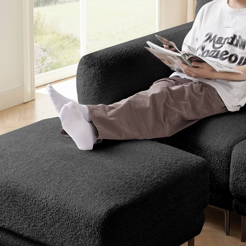 Convertible Sectional Sofa Couch, 3 Seat L-Shaped Sofa with Lamb Fabric, Movable Ottoman