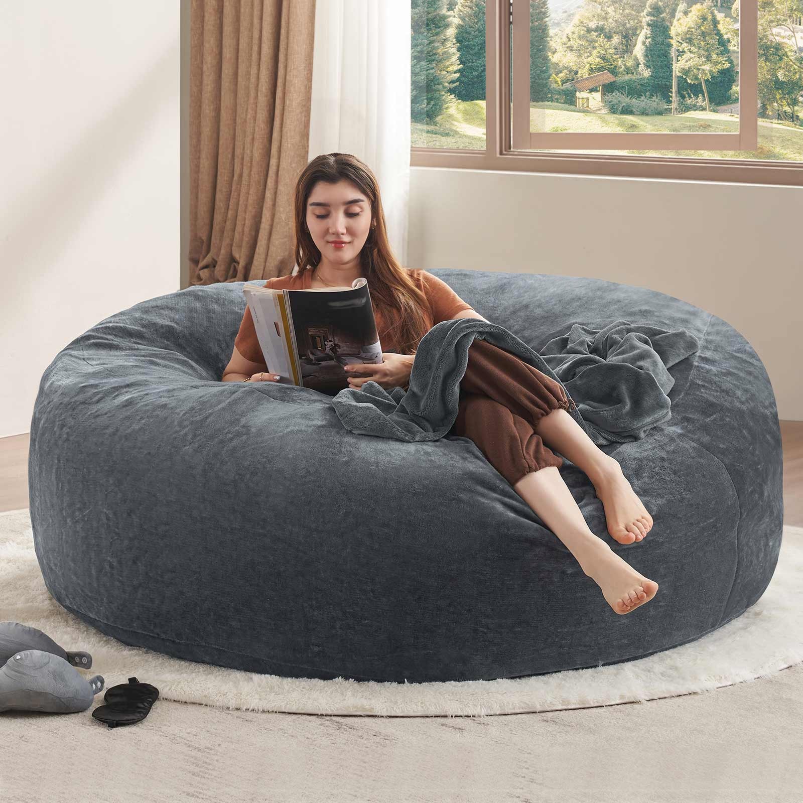 6FT Bean Bag Chair, Memory Foam Filling, Adult And Teen Bean Bag Chair, Soft Sofa With Velboa Fabric Cover, Round Sofa