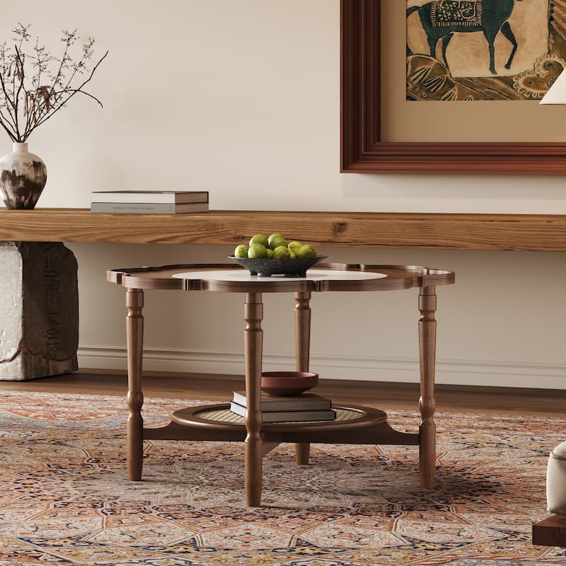 Mid-Century Style Coffee Table with Petal Shape and White Crackle Pattern Glass, 2-Tiered Coffee Table with Rattan,Walnut, 31.5"
