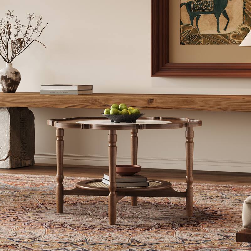 Roomfitters Mid-Century Coffee Table, Petal Shape Accent Table with Rattan Shelf and White Glass Top, Walnut
