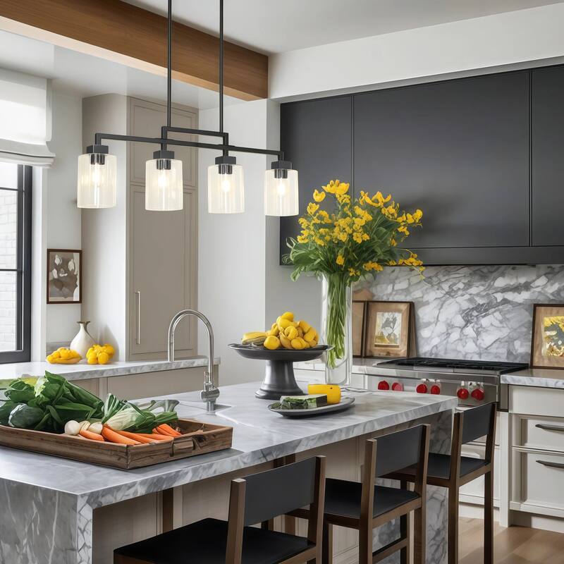 Modern Industrial 4-Light Black Linear Chandelier Glass Light for Kitchen Island Dining Room - L 34.4" x D 4.3" x H 12"