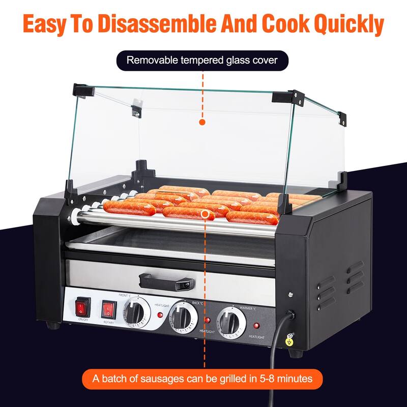 Electric 18 Hot Dog 7 Roller Grill Machine with Warming Drawer - 7 Rollers