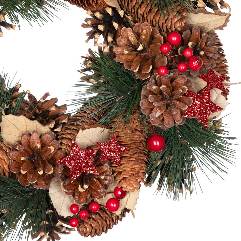 Pinecones and Glittered Stars Christmas Wreath - 13.5" - Unlit