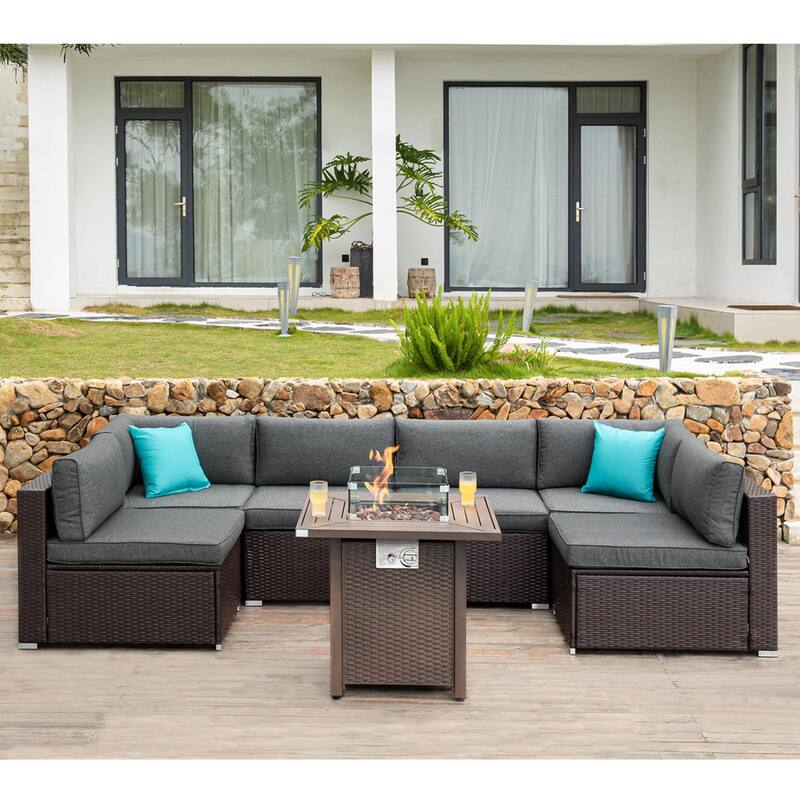 COSIEST 8-Piece Outdoor Furniture Sofa Set with Fire Table