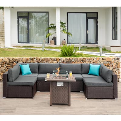 COSIEST 8-Piece Outdoor Furniture Sofa Set with Fire Table