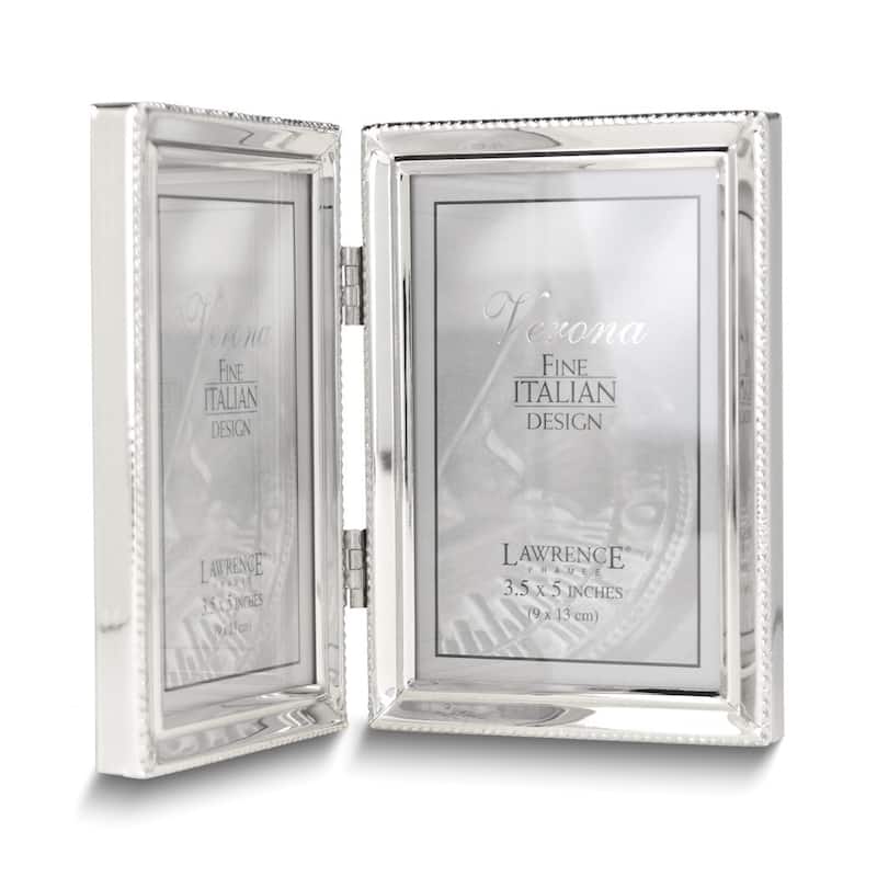 Curata Silver-Tone Portrait Hinged Polished Beaded 3x5 Double Photo Frame