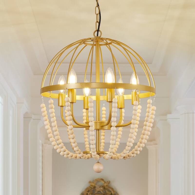 6-Light Metal Chandelier with Wooden Beads - Gold
