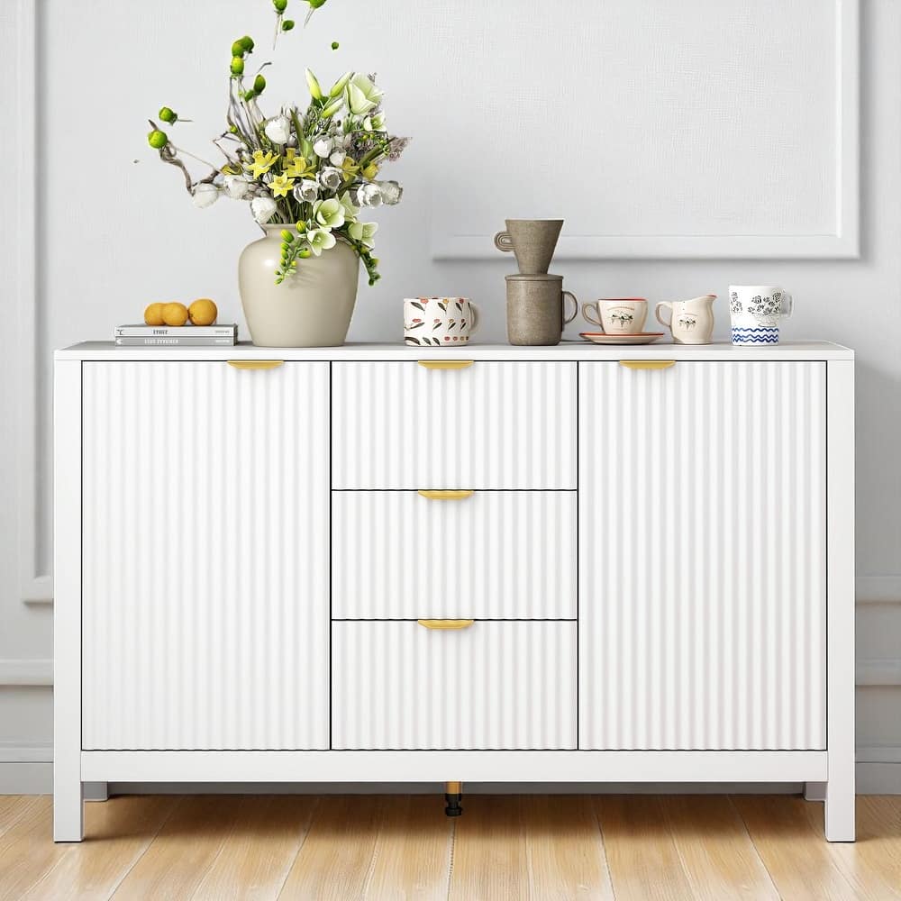 Wave Pattern Sideboard Cabinet with 3 Drawers, Soft-Close Doors & Adjustable Shelves, Entryway Storage Console