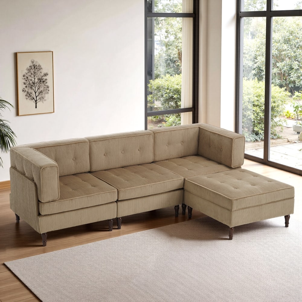 UIXE 4 - Piece Corduroy Sectional Sofa with Flip-Top Storage Ottoman Coffee Table