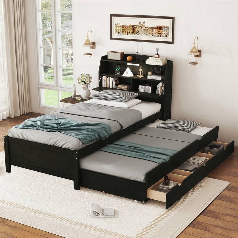 Wooden LED Platform Bed with Trundle - Espresso - Full