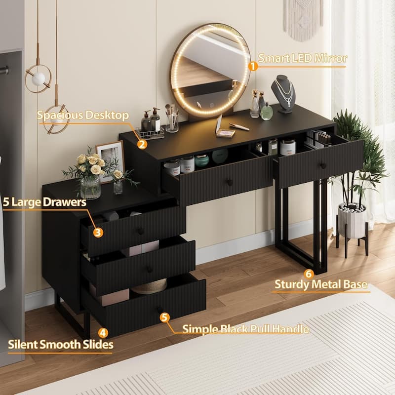 Vanity Desk with Mirror and Lights,Makeup Vanity with 5 Drawers, Modern Makeup Vanity Organizer with 3 Color Lights