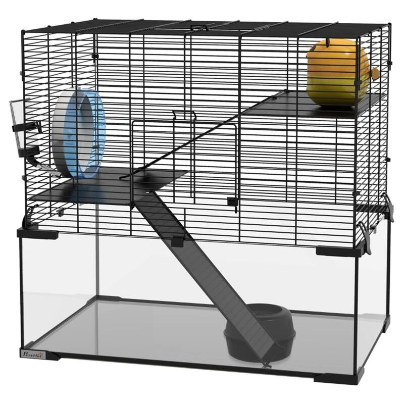 Black-Transparent Hamster Cage with Steel Frame, Glass Base and Accessories - 23.5" L x 15.75" W x 21.5" H - 23.5" L x 15.75" W x 21.5" H