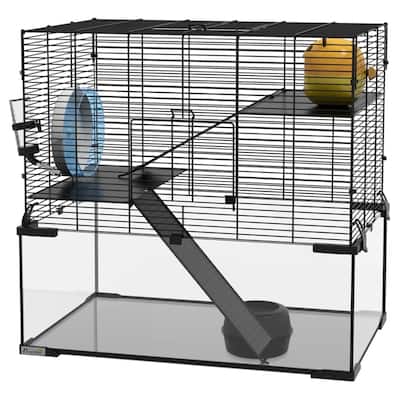 Black-Transparent Hamster Cage with Steel Frame, Glass Base and Accessories - 23.5" L x 15.75" W x 21.5" H