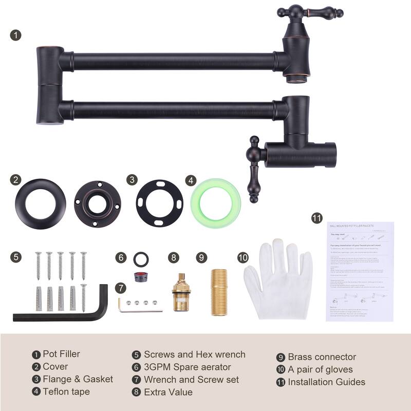 WOWOW Wall Mounted Pot Filler Faucet with Double Joint Swing Arms