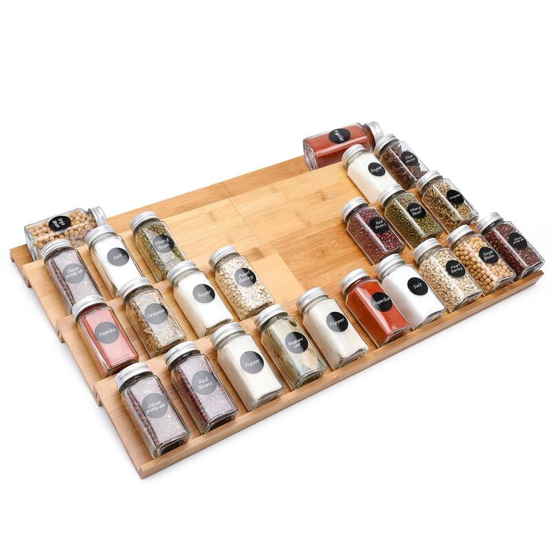 Bamboo Spice Drawer Organizer,4 Tier In Drawer Spices Rack Expandable From 13"to26",Stackable Seasoning Storage Organizer Insert - Silver