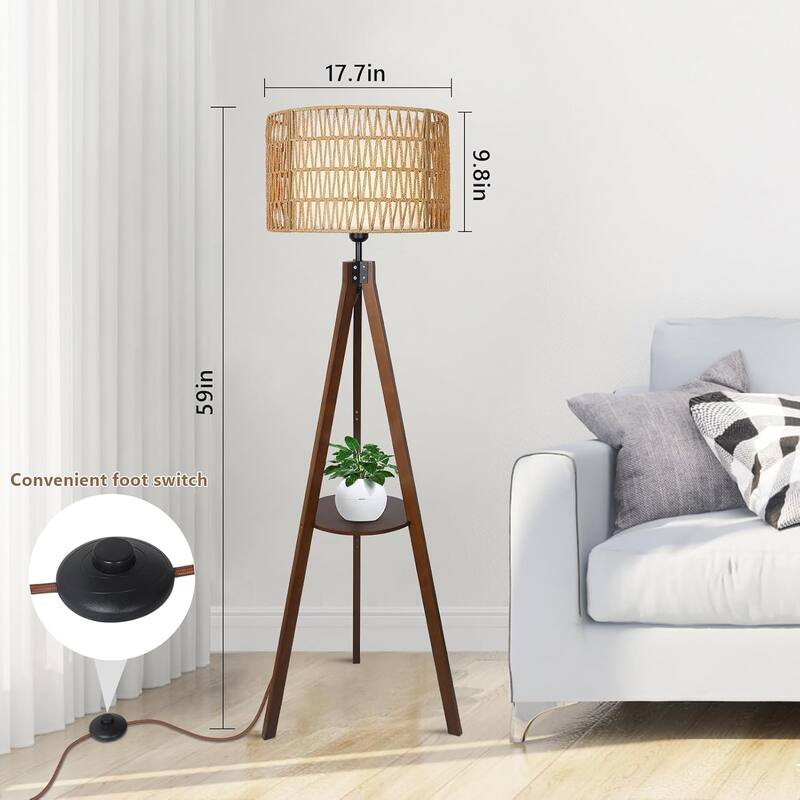 Tripod Floor Lamp with Shelves, Mid Century Wood Standing Lamp with Rattan & Fabric Shades, ON/Off Foot Switch, Tall Floor Lamps