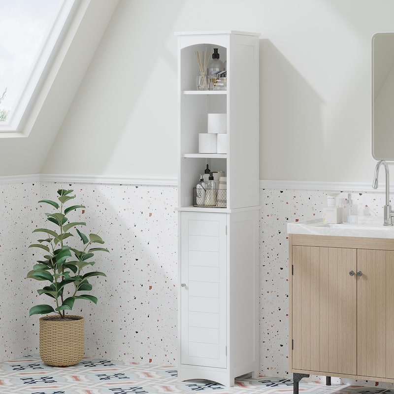 Anmytek Tall Bathroom Storage Cabinet with Reversible Door White Narrow Linen Tower Floor Organizer for Small Spaces - White - 11.81 in. W X 11.81 in. D X 64.17 in. H