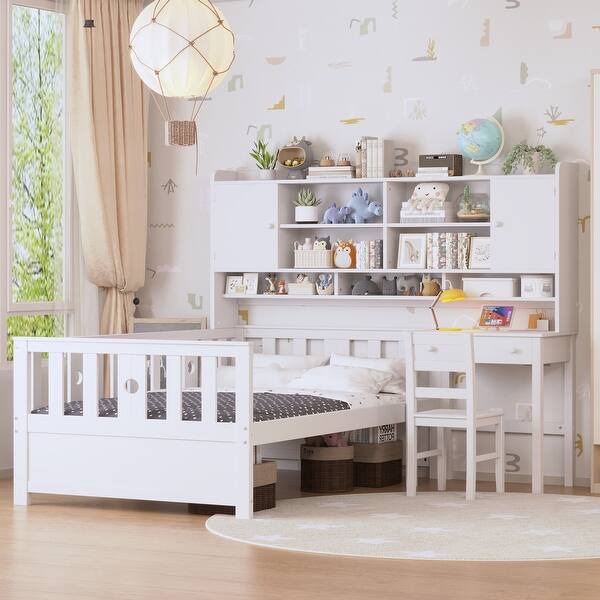 slide 2 of 27, Kids Bed Frame Wood Platform Bed with Storage Headboard Bookshelf, Panel Bed Built-in Desk & Matching Chair White - Twin