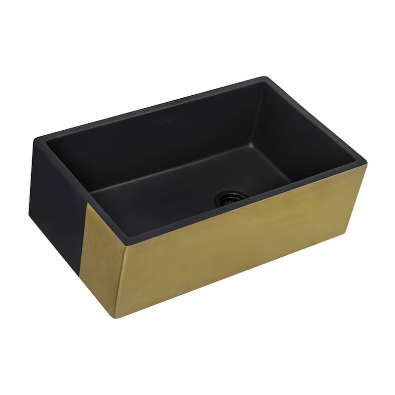 Ruvati 30-inch Matte Black and Gold Fireclay Modern Farmhouse Offset Drain Kitchen Sink Single Bowl RVL4018GRG - 8' x 11'