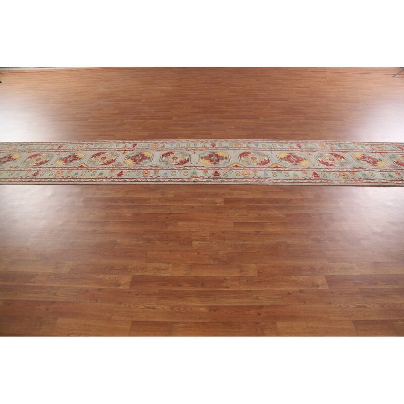 Hand Knotted Oriental 100% Wool Carpet Traditional Geometric Multi-Colored Kazak Runner Rug - 19' 10'' X 2' 6''