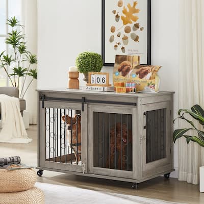 Dog Cage End Table with Sliding Door and Partition for Two Puppies