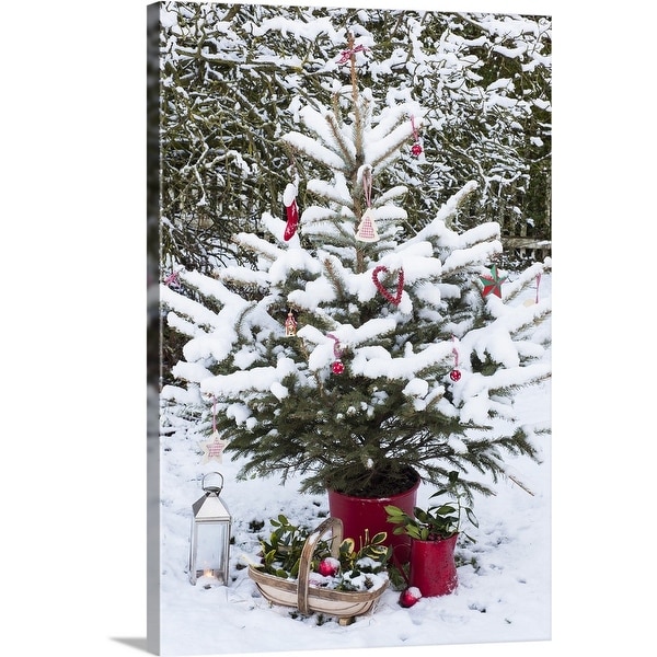 "Snowy Christmas tree with decorations" Canvas Wall Art