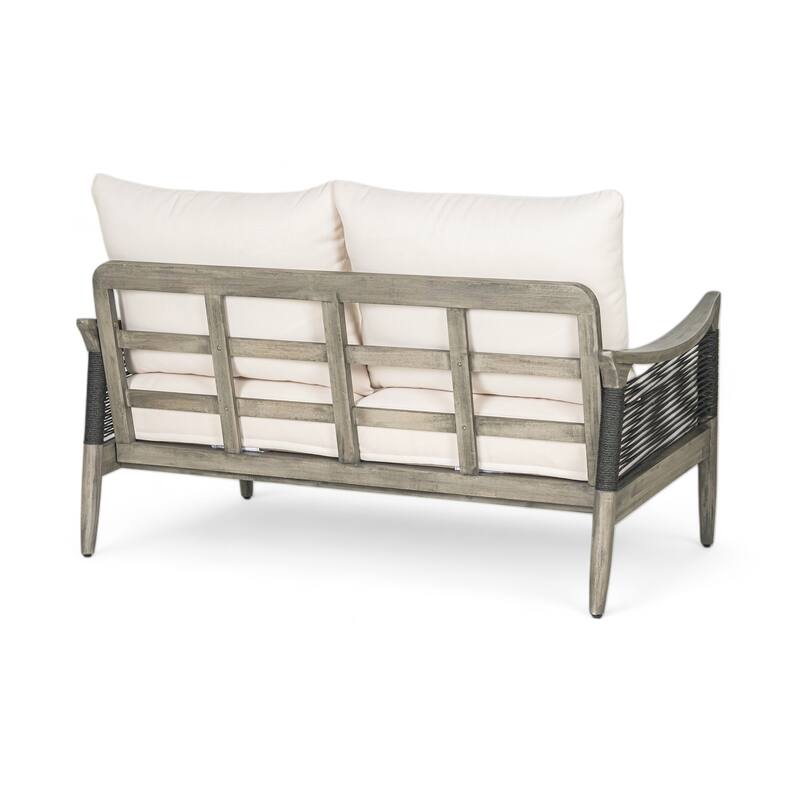 Christopher Knight Home - 4-Piece Patio Conversation Set with Woven Rope Loveseat, Cushions & Acacia Wood Coffee Table