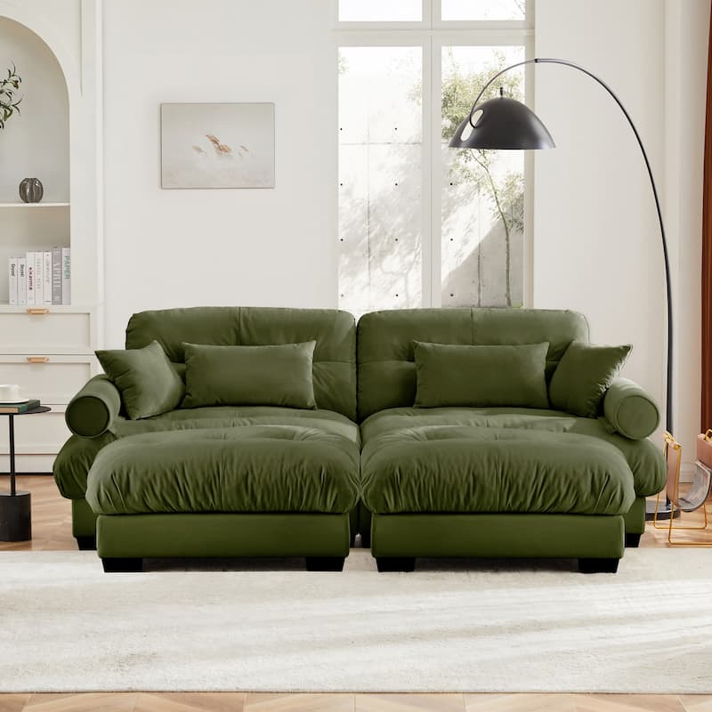 Modern Sectional Couch Comfortable Upholstered Sofa Set with Lumbar Pillow and Throw Pillow for Living Room - 2 Seats + 2 Ottoman - Olive Green