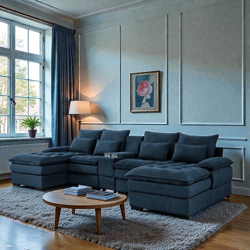 130" U Shaped Sectional Sofa with Console and Cup Holders, 6 Seat Upholstered Couch with Chaise for Living Room - Blue