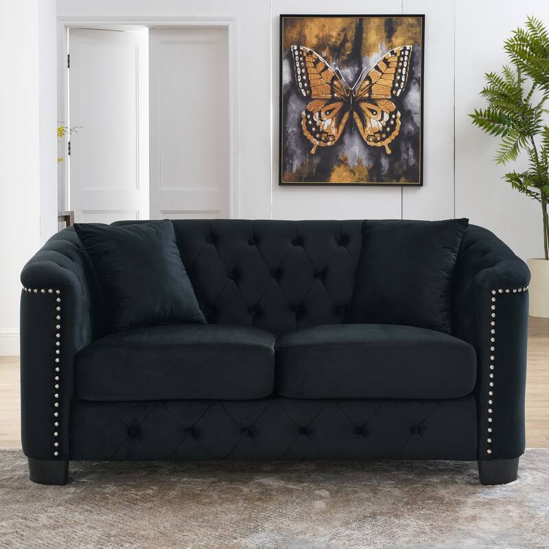 Modern Velvet Loveseat Sofa Upholstered Couch with Tufted Backrest, Nailhead Armrests and Removable Cushions for Living Room - Black