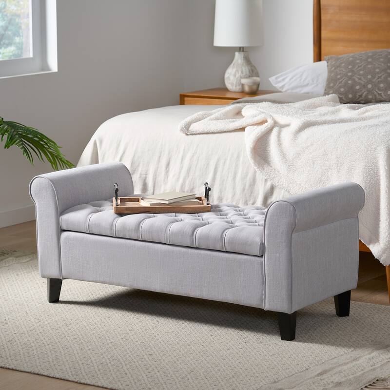 Roomfitters Upholstered Storage Bench with Tufted Design and Wooden Legs, Multi-functional End of Bed Bench - Grey