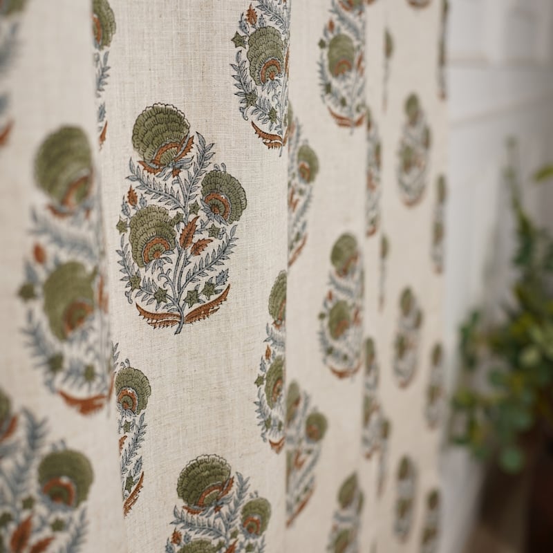 Fabdivine Handmade Floral Block Print Window or Door Room Décor Viscose Linen Curtain