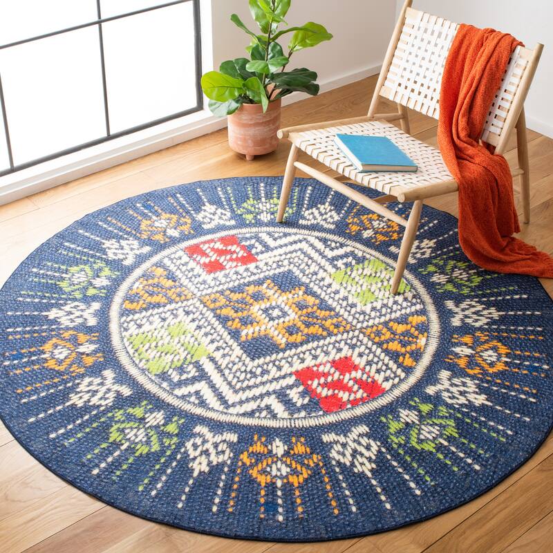 SAFAVIEH Journey Machine Washable Slip Resistant Klasine Boho Tribal - 6'7" x 6'7" Round - Blue/Ivory - Round